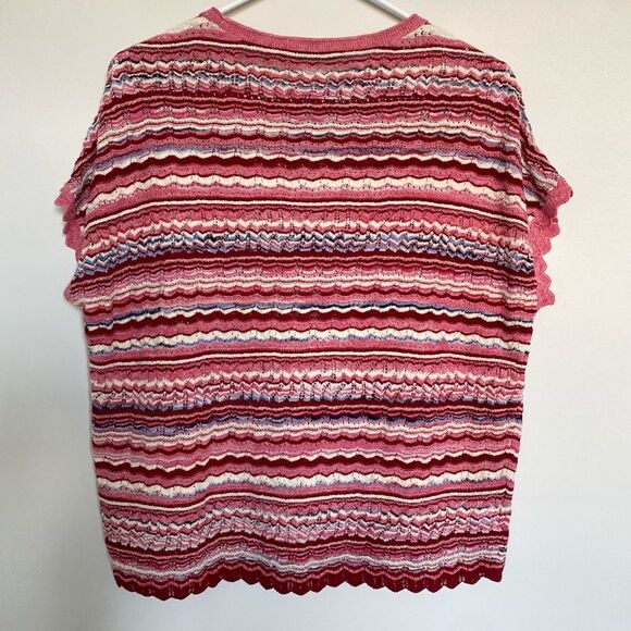 Loft Red and Pink Striped Knit Top Scalloped Trim Size Medium - Picture 3 of 5